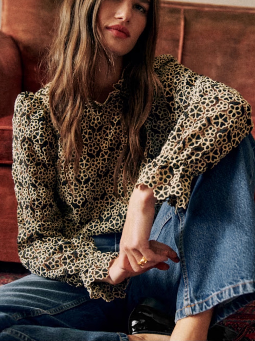 Sezane Jordyna Blouse - Contrasting Guipere Ecru Black, Size 4 SOLD OUT